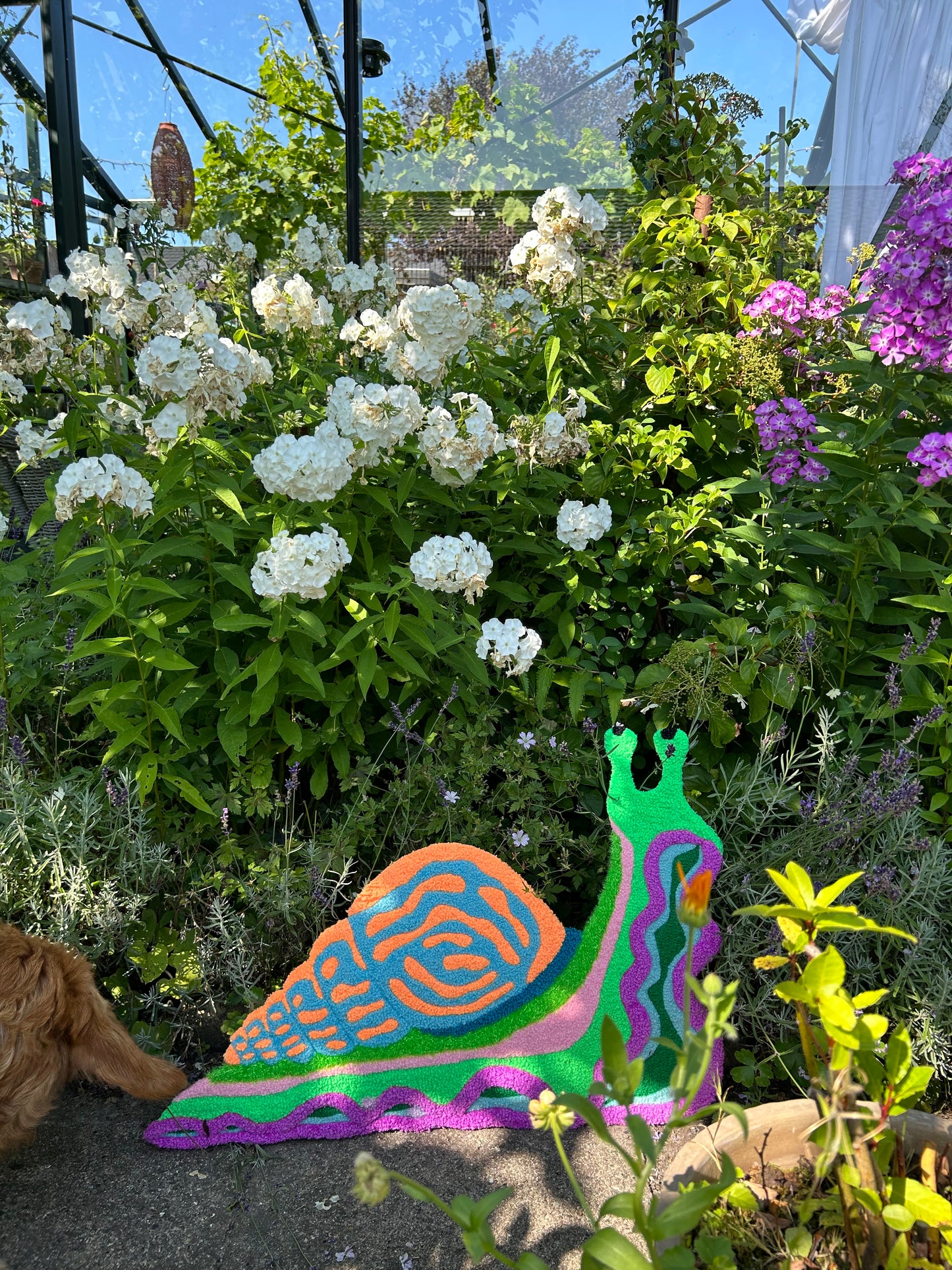 Sneglzilla - Textile Art in Orange, Light Blue, Green & Purple