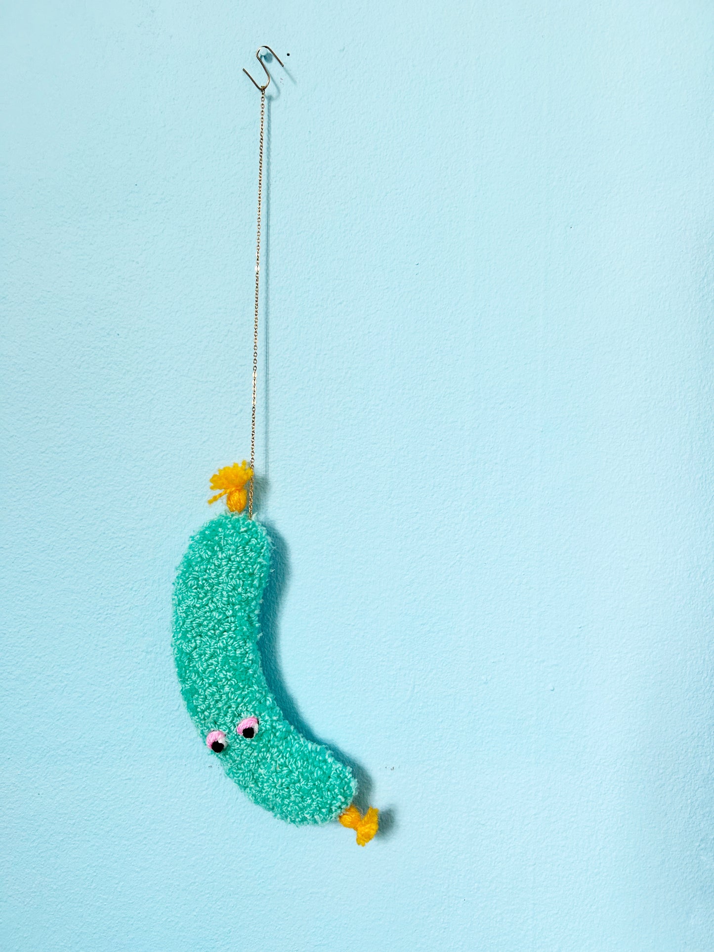 Furry Sausage with Eyes - Light Blue and Yellow Textile Art