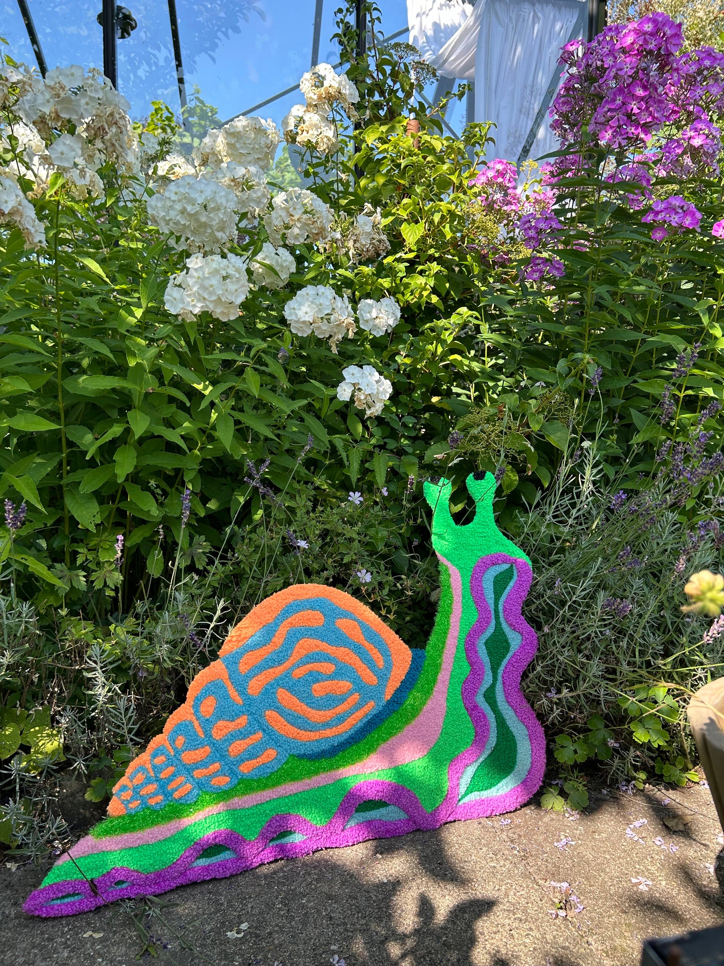 Sneglzilla - Textile Art in Orange, Light Blue, Green & Purple