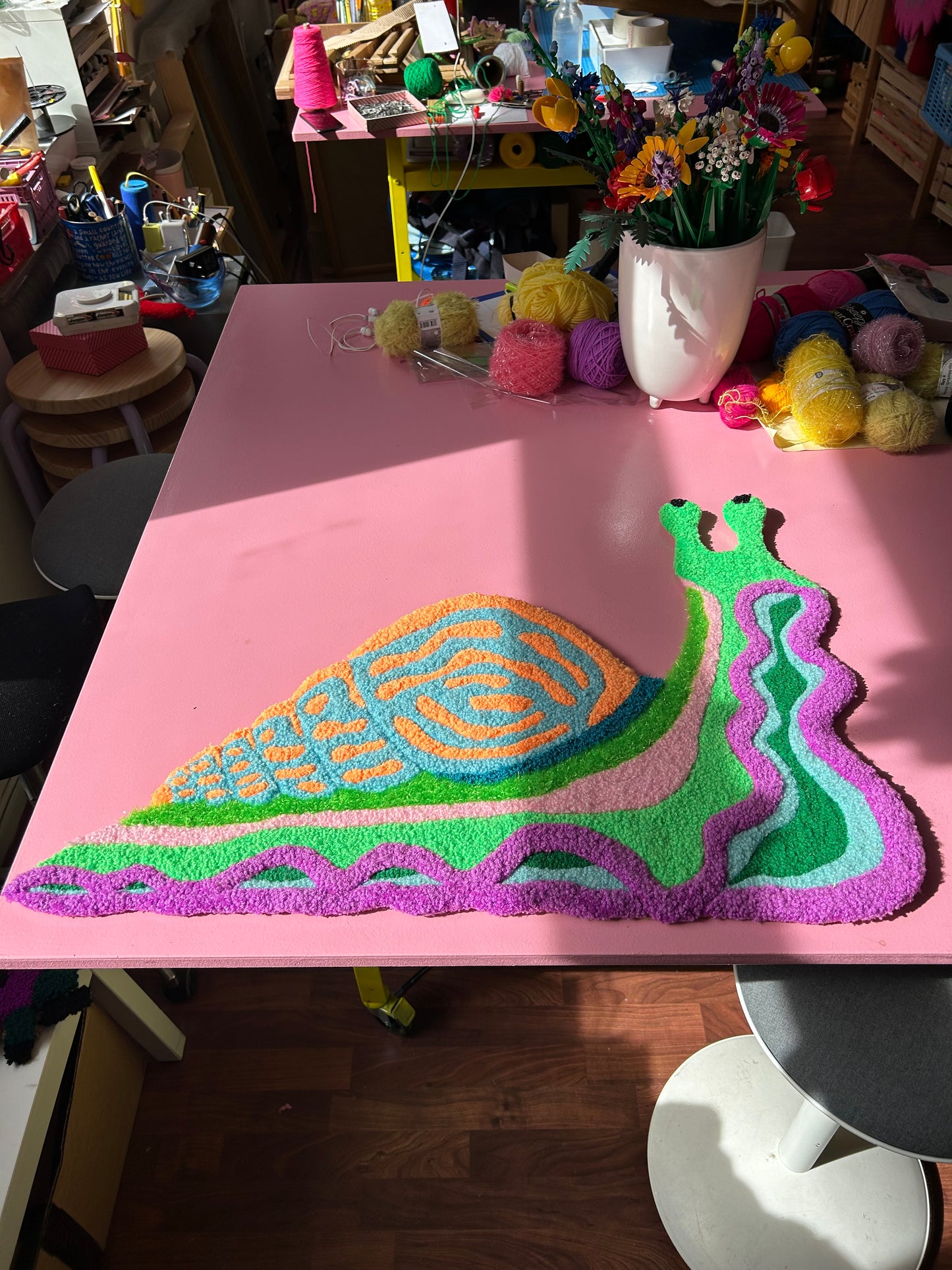 Sneglzilla - Textile Art in Orange, Light Blue, Green & Purple