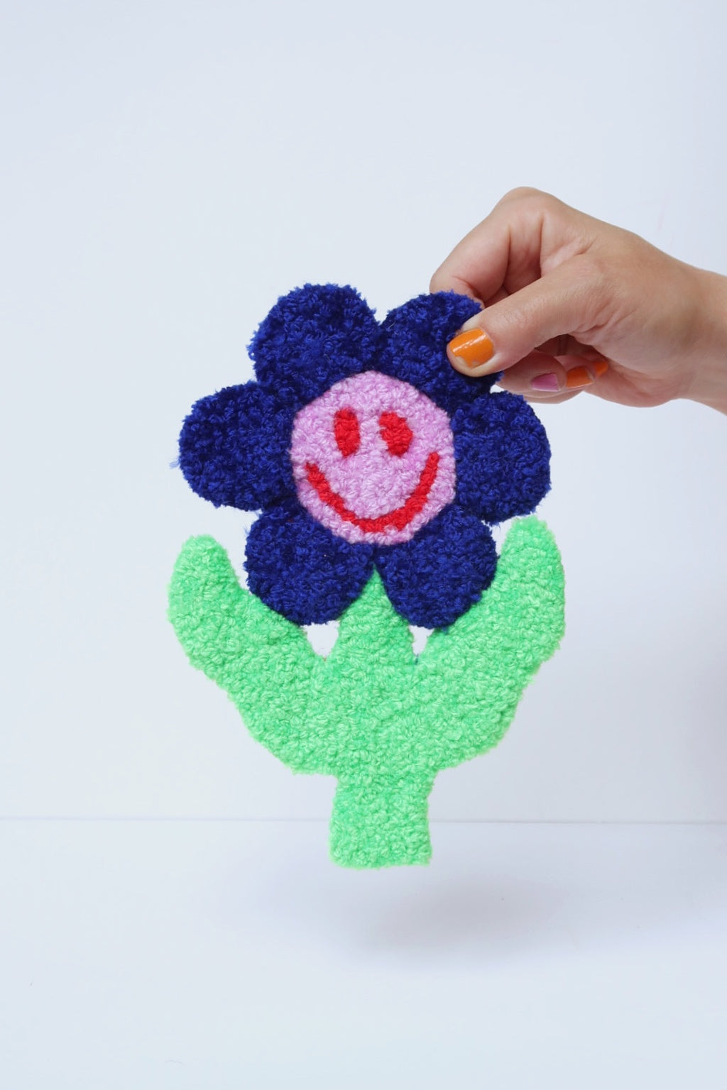 Stor Smiley Face Blomst - Blå, Lyserød & Lysegrøn Tekstilkunst