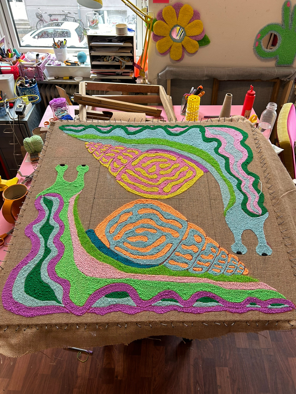 Sneglzilla - Textile Art in Yellow, Pink & Green