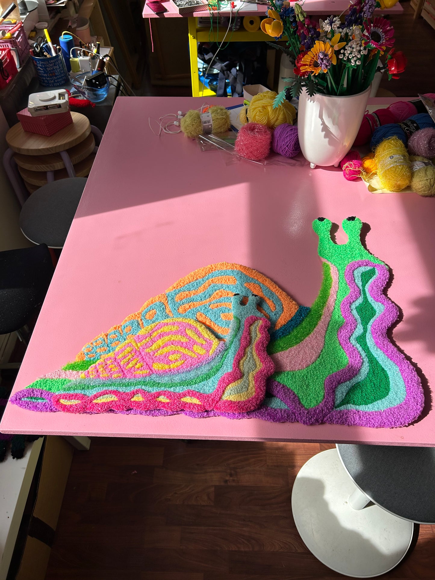 Sneglzilla - Textile Art in Orange, Light Blue, Green & Purple