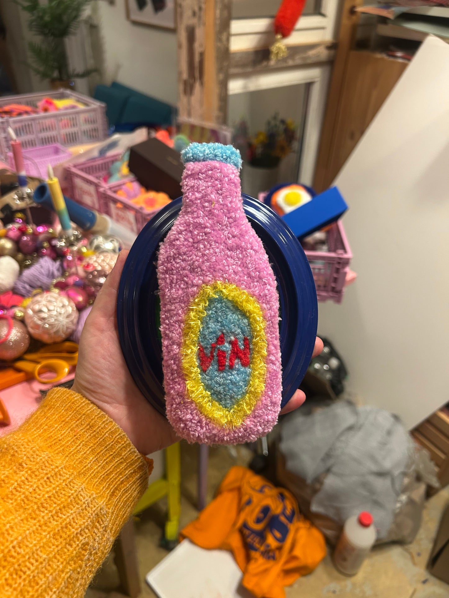 Drink Your Wine - Tufted Wine Bottle in Reclaimed Frame