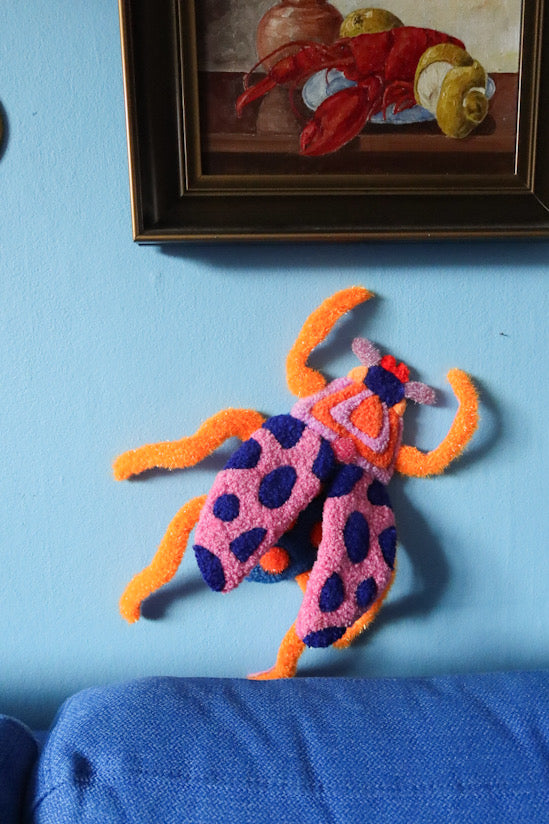 Beetle - Textile Art in Blue, Pink & Orange