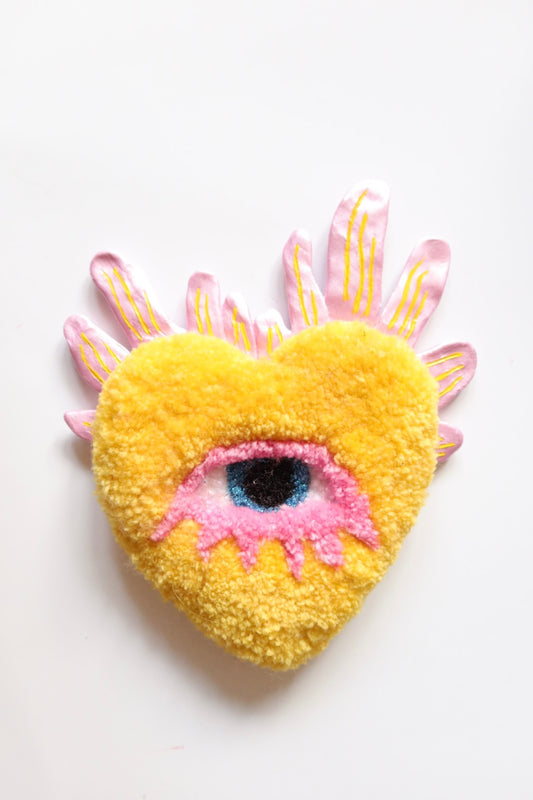 Watchful Heart - Tufted Heart with Eye and Flames in Yellow and Pink