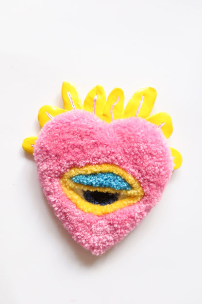 Watchful Heart - Tufted Heart with Eye and Flames in Pink and Yellow