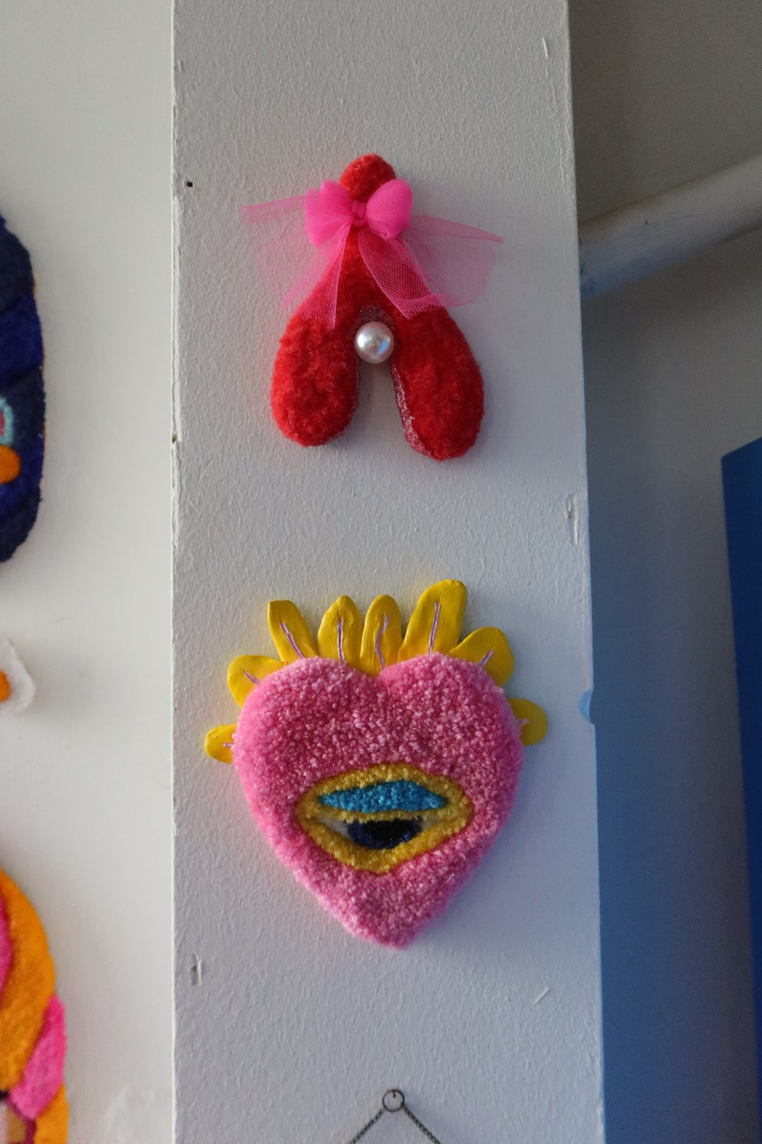 Watchful Heart - Tufted Heart with Eye and Flames in Pink and Yellow