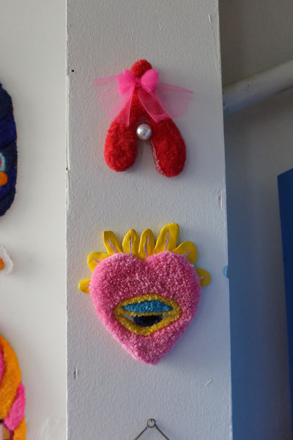 Watchful Heart - Tufted Heart with Eye and Flames in Pink and Yellow