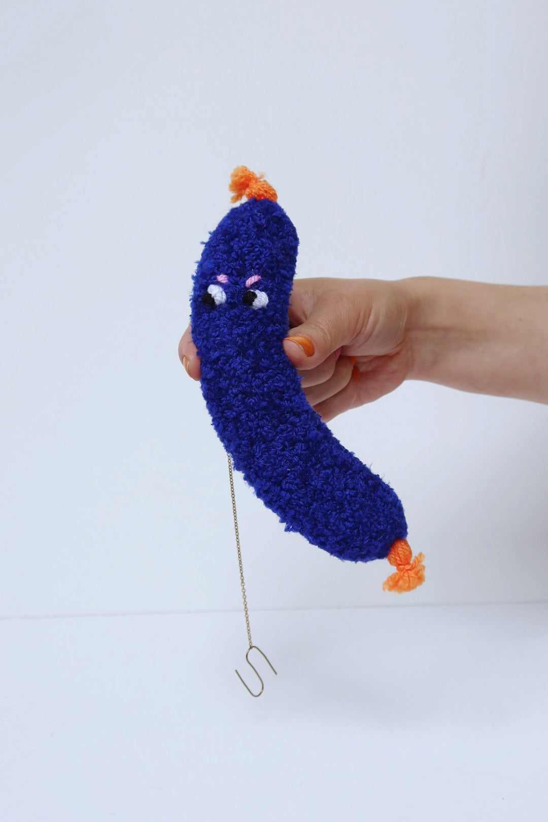 Furry Sausage with Eyes - Blue and Orange Textile Art