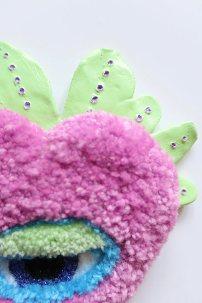Watchful Heart - Tufted Heart with Eye and Flames in Purple, Light Green and Light Blue