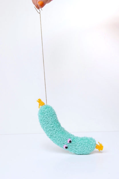 Furry Sausage with Eyes - Light Blue and Yellow Textile Art