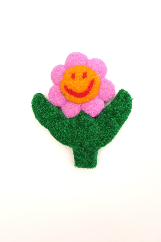 Smiley Face Flower - Pink, Yellow & Green Textile Art