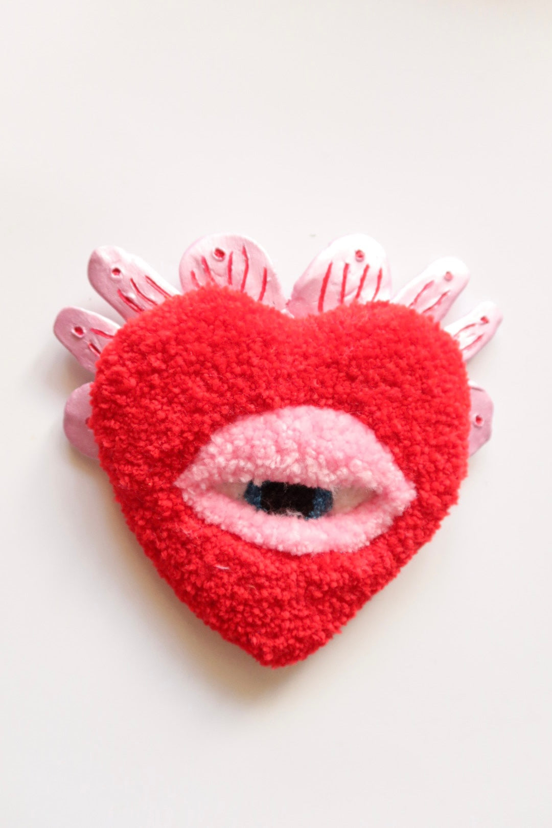 Watchful Heart - Tufted Heart with Eye and Flames in Red and Pink