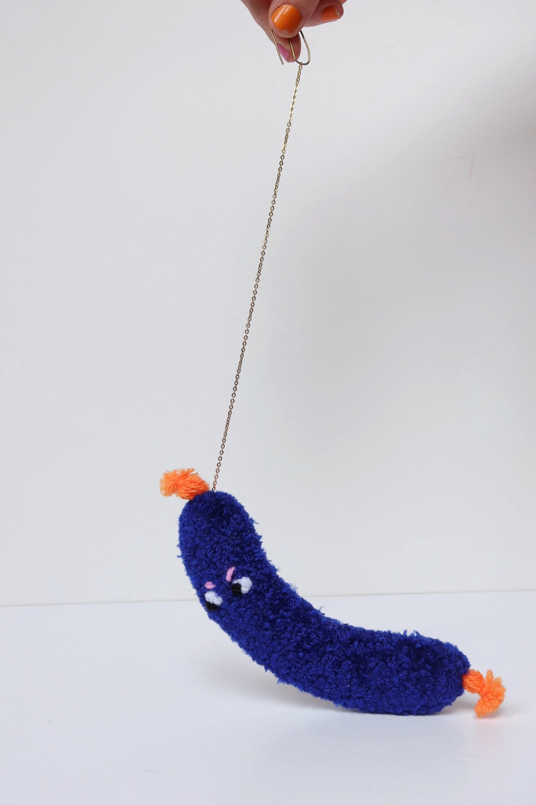 Furry Sausage with Eyes - Blue and Orange Textile Art