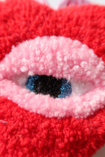 Watchful Heart - Tufted Heart with Eye and Flames in Red and Pink