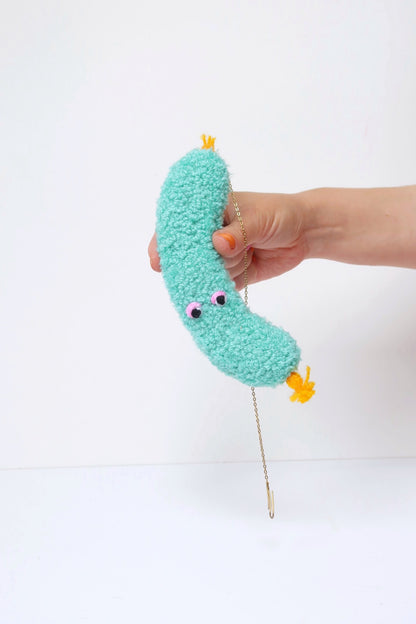 Furry Sausage with Eyes - Light Blue and Yellow Textile Art