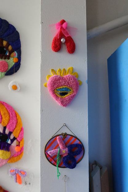 Watchful Heart - Tufted Heart with Eye and Flames in Pink and Yellow