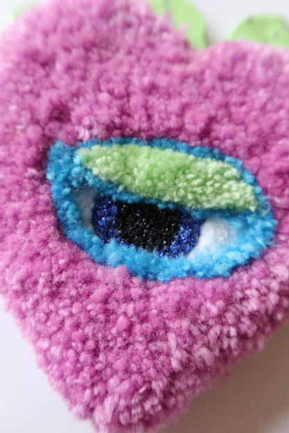 Watchful Heart - Tufted Heart with Eye and Flames in Purple, Light Green and Light Blue
