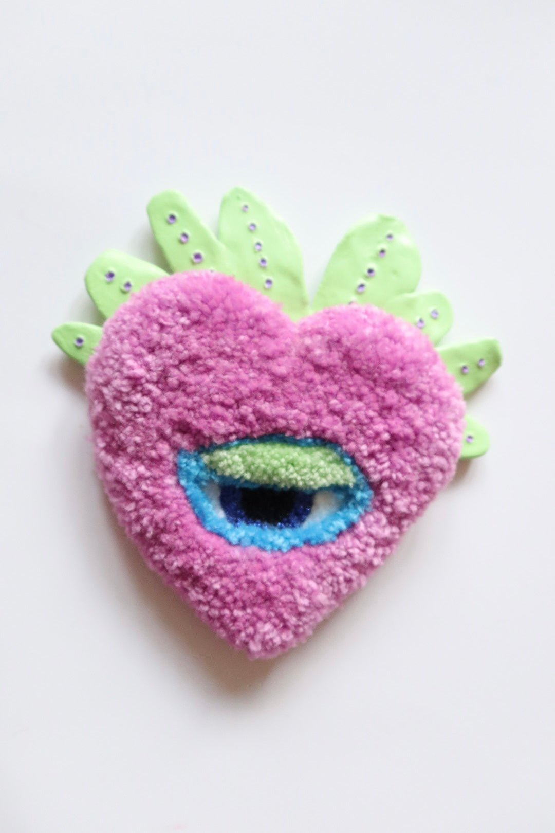 Watchful Heart - Tufted Heart with Eye and Flames in Purple, Light Green and Light Blue