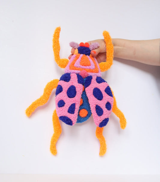 Beetle - Textile Art in Blue, Pink & Orange